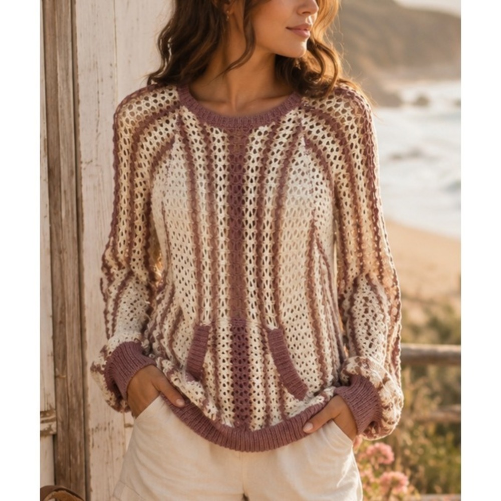 Free People Women Dayton Sweater Medium Slouchy Crochet Boho Coastal Cottagecore